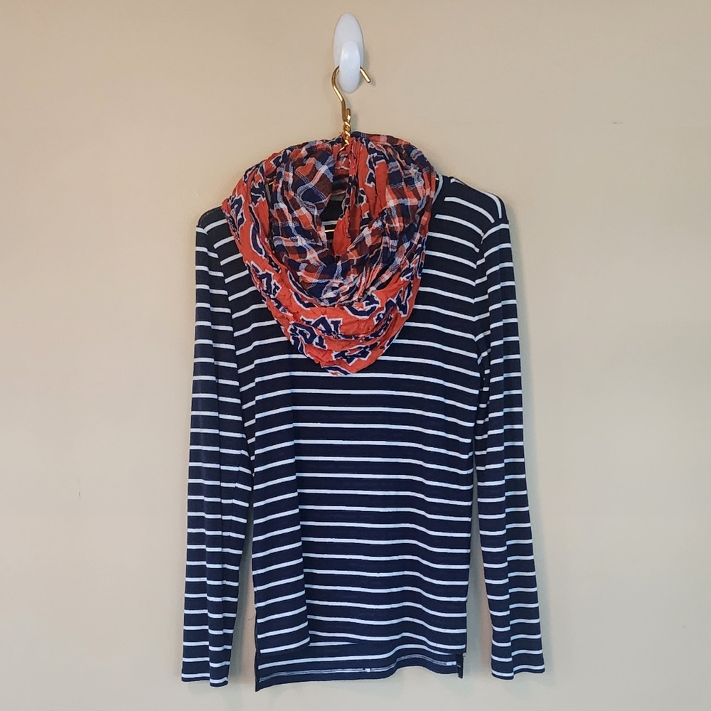 Pixly elbow patch, boat neck navy and white stripe shirt size large.